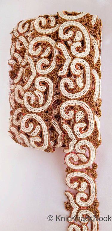 Gold Zardozi Hand Embroidered Cutwork Lace Trim Beaded with Ivory Seed Beads, Wedding Trim, Indian Trim